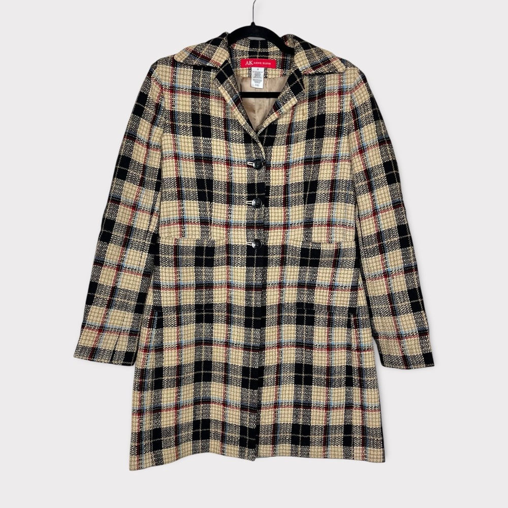 Anne Klein Tweed Wool Blend Plaid Coat Jacket Small Preppy Retro Academia Grunge
